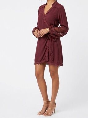Ayesha Somaya Maroon Crochet Lace Trim Faux Wrap Tunic Mini Dress L